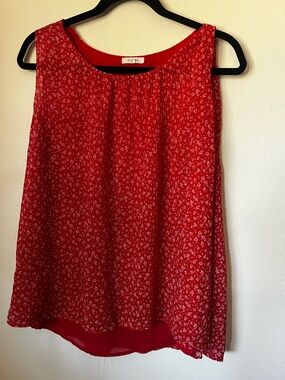 Pleione Red Floral Sleeveless Blouse XS Lightweight Sheer Tank Top
